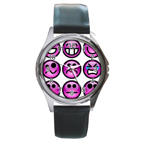 Chronic Pain Emoticons Round Leather Watch (Silver Rim) from ArtsNow.com Front