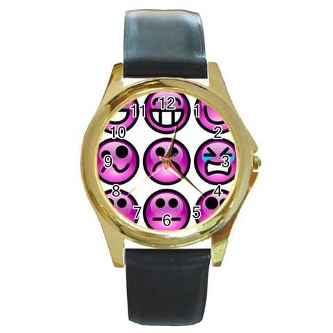 Chronic Pain Emoticons Round Leather Watch (Gold Rim)  from ArtsNow.com Front