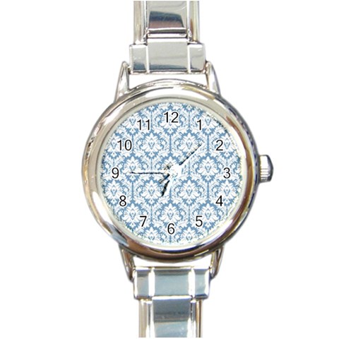 White On Light Blue Damask Round Italian Charm Watch from ArtsNow.com Front