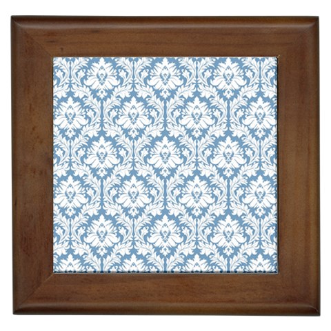 White On Light Blue Damask Framed Ceramic Tile from ArtsNow.com Front