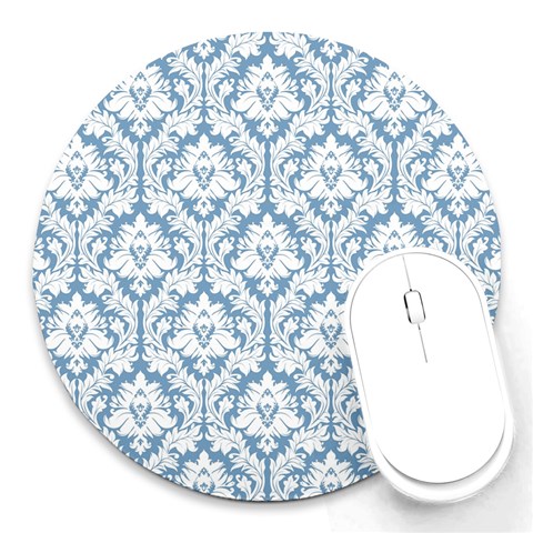 White On Light Blue Damask 8  Mouse Pad (Round) from ArtsNow.com Front