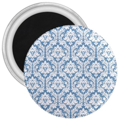 White On Light Blue Damask 3  Button Magnet from ArtsNow.com Front