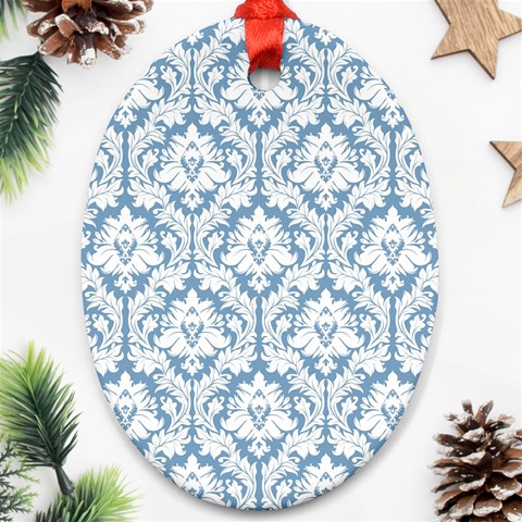 White On Light Blue Damask Oval Ornament from ArtsNow.com Front