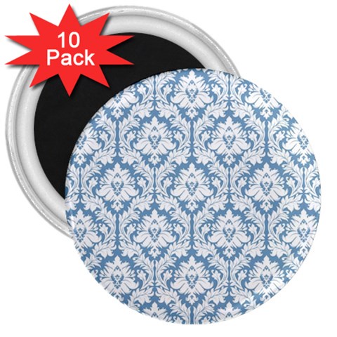 White On Light Blue Damask 3  Button Magnet (10 pack) from ArtsNow.com Front