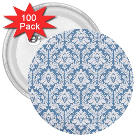 White On Light Blue Damask 3  Button (100 pack) from ArtsNow.com Front