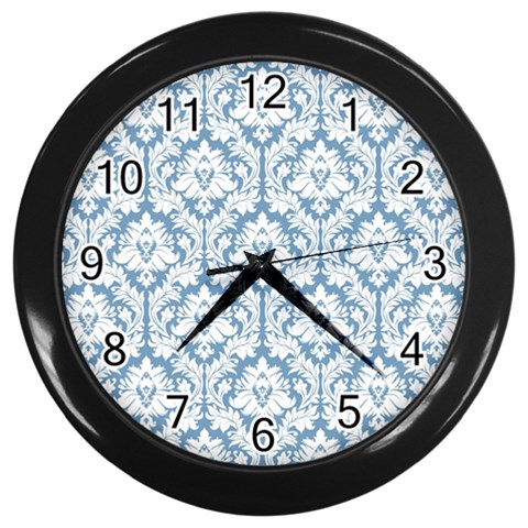 White On Light Blue Damask Wall Clock (Black) from ArtsNow.com Front