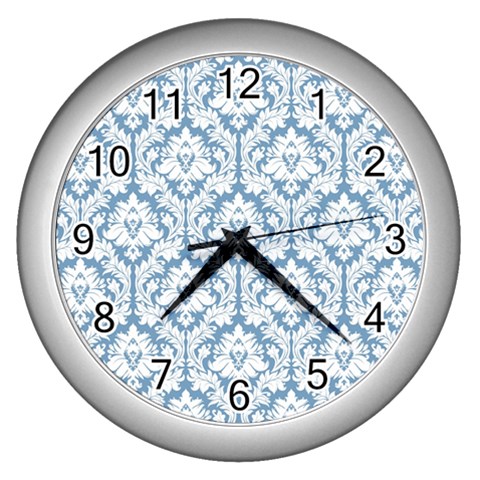 White On Light Blue Damask Wall Clock (Silver) from ArtsNow.com Front