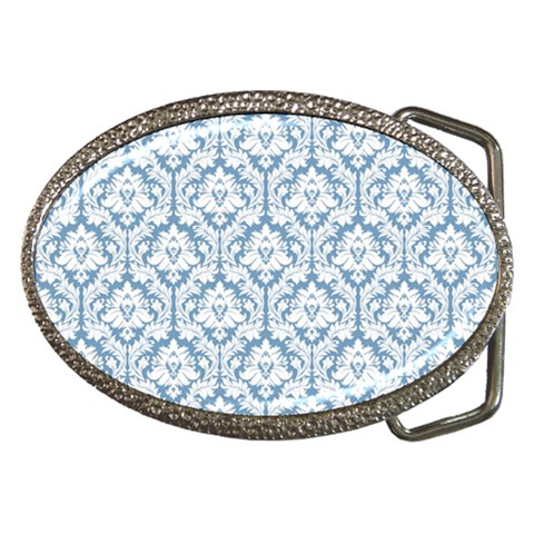 White On Light Blue Damask Belt Buckle (Oval) from ArtsNow.com Front