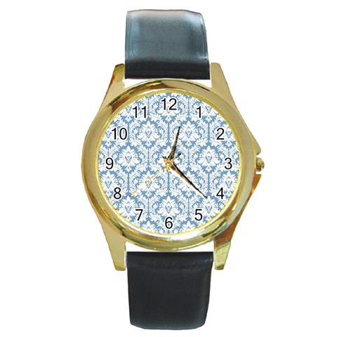 White On Light Blue Damask Round Leather Watch (Gold Rim)  from ArtsNow.com Front