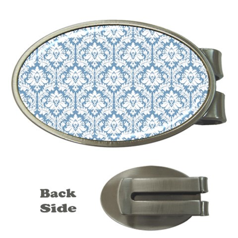 White On Light Blue Damask Money Clip (Oval) from ArtsNow.com Front