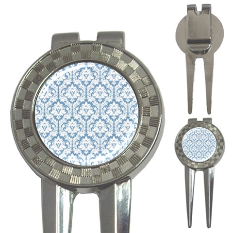 White On Light Blue Damask Golf Pitchfork & Ball Marker from ArtsNow.com Front