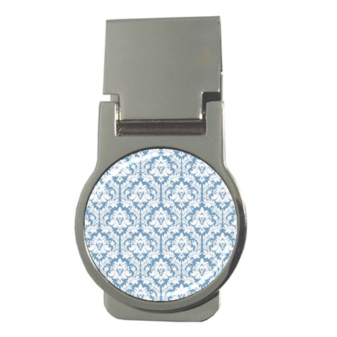 White On Light Blue Damask Money Clip (Round) from ArtsNow.com Front