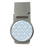 White On Light Blue Damask Money Clip (Round)