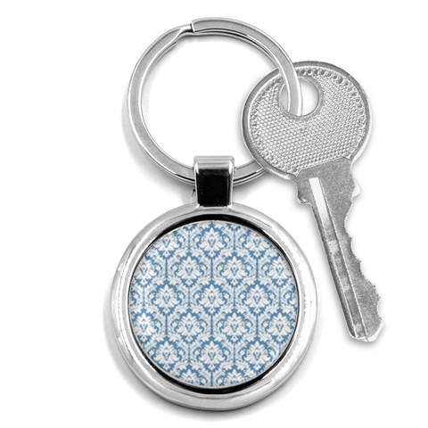 White On Light Blue Damask Key Chain (Round) from ArtsNow.com Front