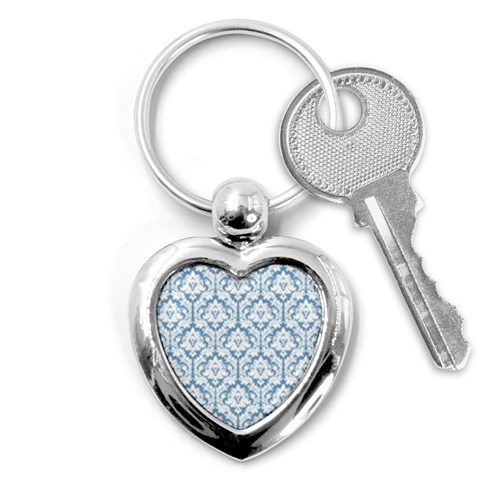 White On Light Blue Damask Key Chain (Heart) from ArtsNow.com Front