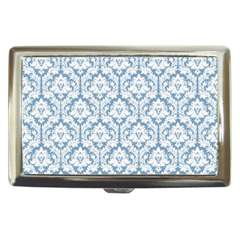 White On Light Blue Damask Cigarette Money Case from ArtsNow.com Front