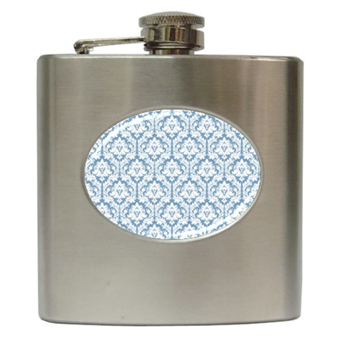 White On Light Blue Damask Hip Flask from ArtsNow.com Front