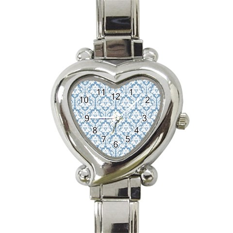 White On Light Blue Damask Heart Italian Charm Watch  from ArtsNow.com Front