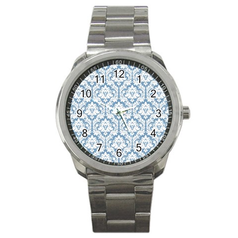 White On Light Blue Damask Sport Metal Watch from ArtsNow.com Front