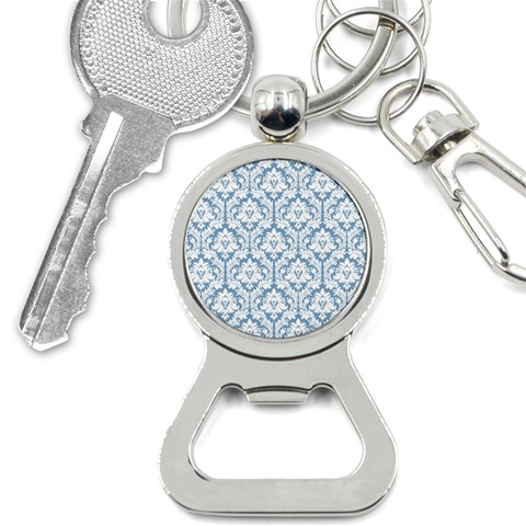 White On Light Blue Damask Bottle Opener Key Chain from ArtsNow.com Front