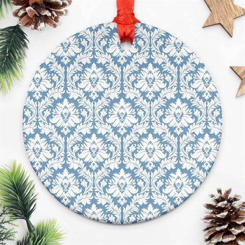 White On Light Blue Damask Round Ornament (Two Sides) from ArtsNow.com Front