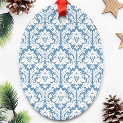 White On Light Blue Damask Oval Ornament (Two Sides) from ArtsNow.com Front