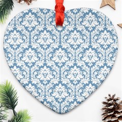 White On Light Blue Damask Heart Ornament (Two Sides) from ArtsNow.com Front