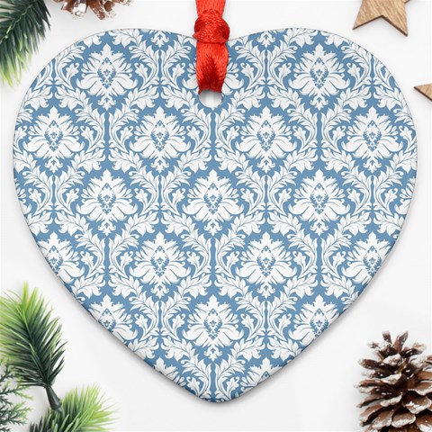 White On Light Blue Damask Heart Ornament (Two Sides) from ArtsNow.com Back