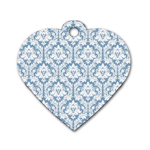 White On Light Blue Damask Dog Tag Heart (One Sided)  from ArtsNow.com Front