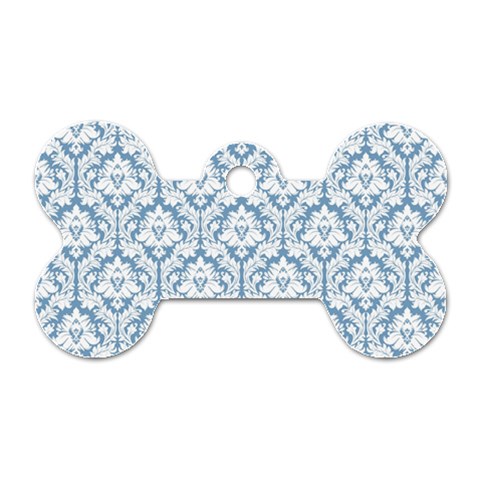 White On Light Blue Damask Dog Tag Bone (One Sided) from ArtsNow.com Front