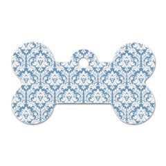 White On Light Blue Damask Dog Tag Bone (Two Sided) from ArtsNow.com Front