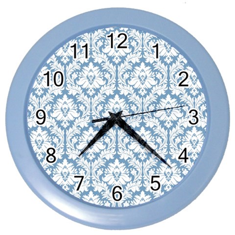 White On Light Blue Damask Wall Clock (Color) from ArtsNow.com Front