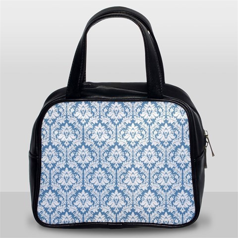 White On Light Blue Damask Classic Handbag (Two Sides) from ArtsNow.com Front