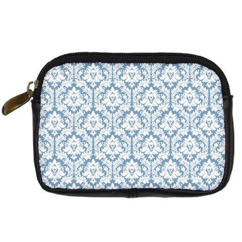 White On Light Blue Damask Digital Camera Leather Case from ArtsNow.com Front