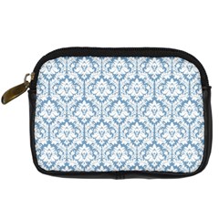 White On Light Blue Damask Digital Camera Leather Case from ArtsNow.com Front