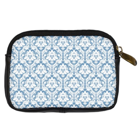 White On Light Blue Damask Digital Camera Leather Case from ArtsNow.com Back