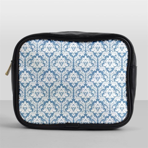 White On Light Blue Damask Mini Travel Toiletry Bag (One Side) from ArtsNow.com Front