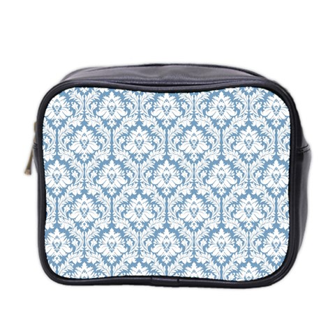 White On Light Blue Damask Mini Travel Toiletry Bag (Two Sides) from ArtsNow.com Front