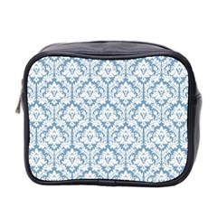 White On Light Blue Damask Mini Travel Toiletry Bag (Two Sides) from ArtsNow.com Front