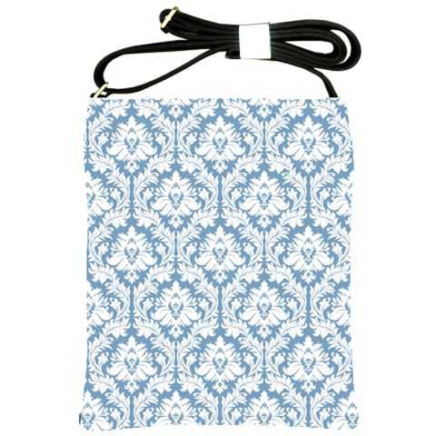 White On Light Blue Damask Shoulder Sling Bag from ArtsNow.com Front