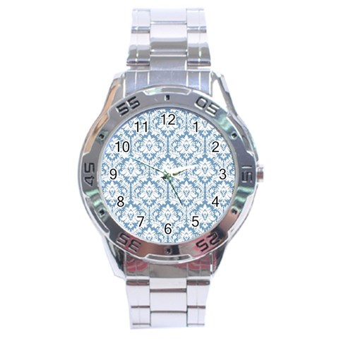 White On Light Blue Damask Stainless Steel Watch from ArtsNow.com Front