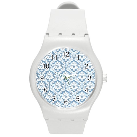 White On Light Blue Damask Plastic Sport Watch (Medium) from ArtsNow.com Front