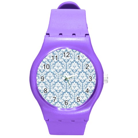 White On Light Blue Damask Plastic Sport Watch (Medium) from ArtsNow.com Front