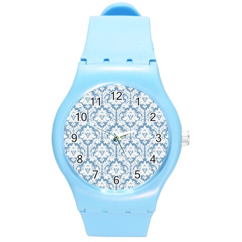 White On Light Blue Damask Plastic Sport Watch (Medium) from ArtsNow.com Front