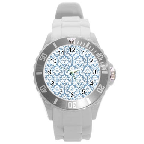 White On Light Blue Damask Plastic Sport Watch (Large) from ArtsNow.com Front