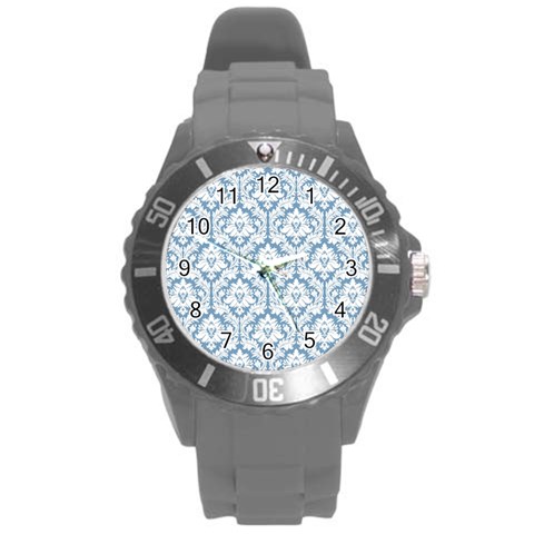 White On Light Blue Damask Plastic Sport Watch (Large) from ArtsNow.com Front