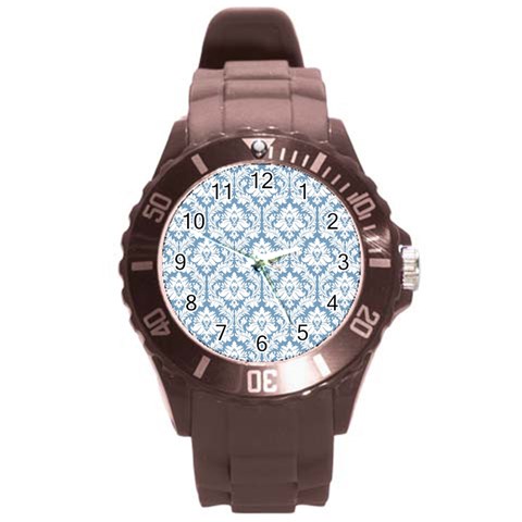 White On Light Blue Damask Plastic Sport Watch (Large) from ArtsNow.com Front