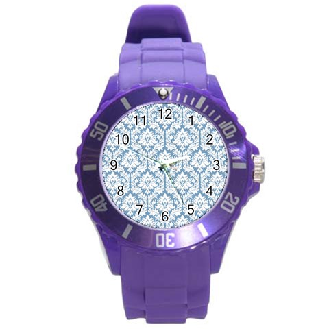 White On Light Blue Damask Plastic Sport Watch (Large) from ArtsNow.com Front