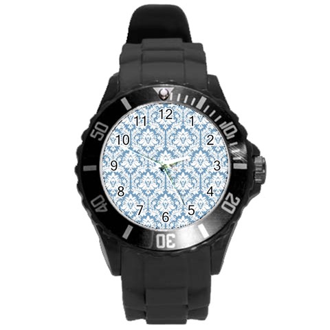 White On Light Blue Damask Plastic Sport Watch (Large) from ArtsNow.com Front