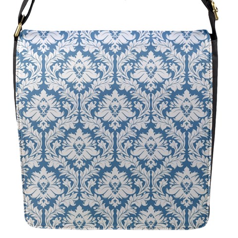 White On Light Blue Damask Flap Closure Messenger Bag (Small) from ArtsNow.com Front